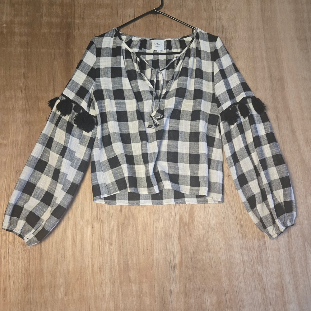 MISA Los Angeles Buffalo Check Tassel Linen Blend Blouse Black White Small